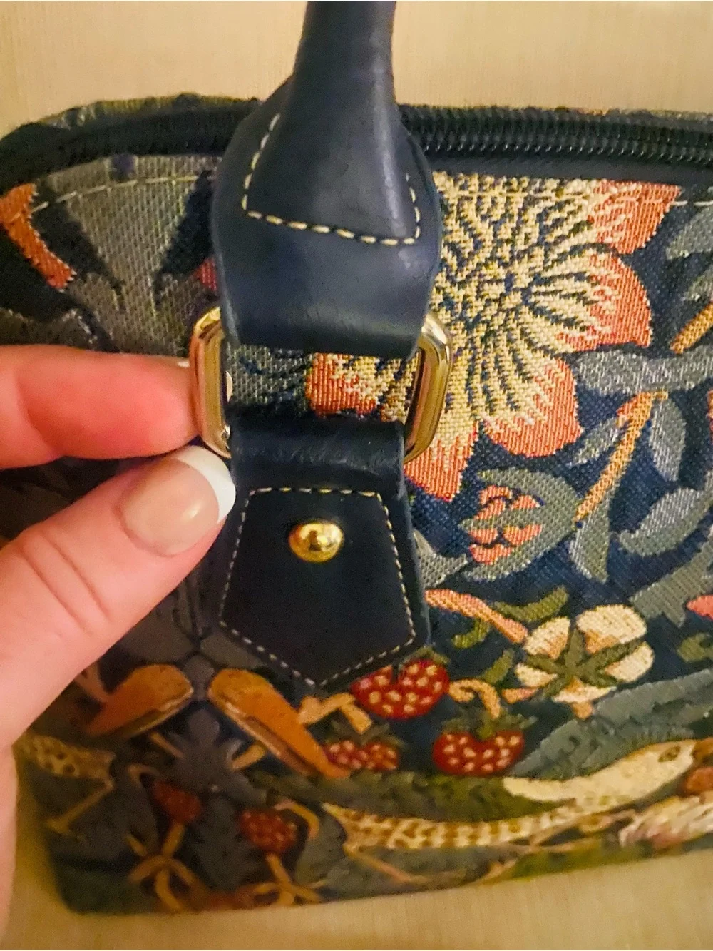 Floral Bird-Embroidered Satchel Handbag - Blue